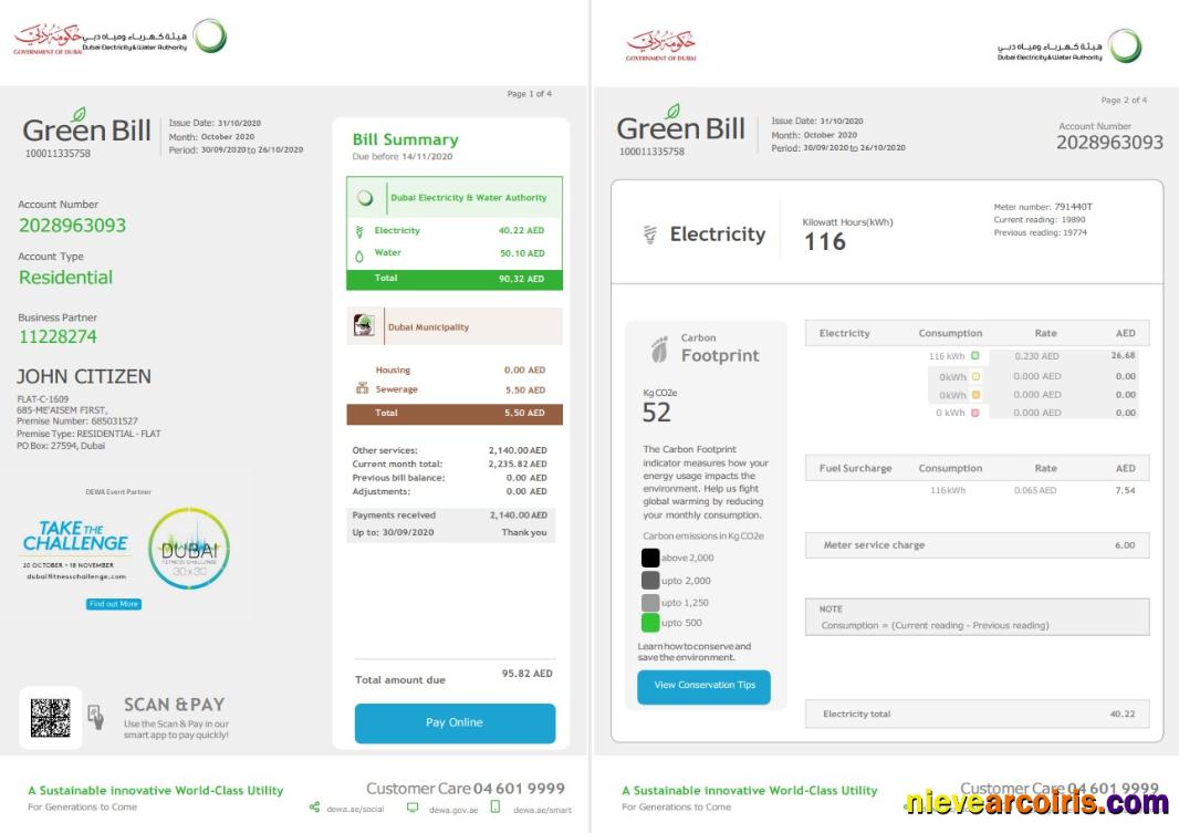United Arab Emirates Dubai Electricity & Water Authority utility bill 4 pages 1 2